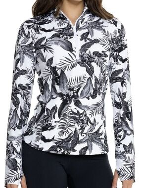 Tommy Bahamas Black & White Tropical Print Quarter-Zip Active Top